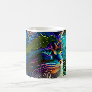 Neon colourful cat in tropical flowers AI art  Coffee Mug