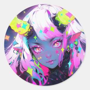 Neon Colourful Kawaii Demon Anime Girl Classic Round Sticker