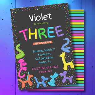 Neon colours animal balloons 3rd birthday invitation