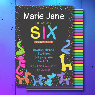 Neon colours animal balloons 6th birthday invitation