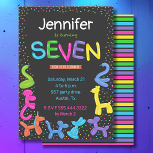 Neon colours animal balloons 7th birthday invitation