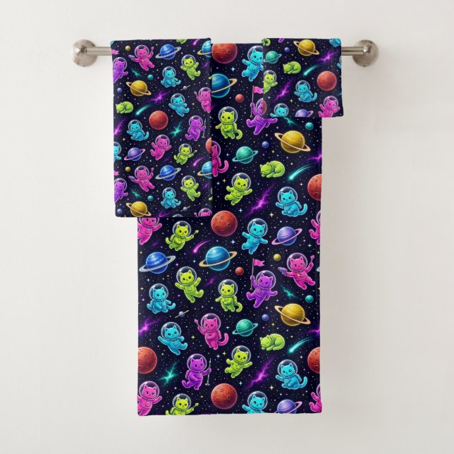 Neon Colours Astronaut Cats Outer Space Planets Bath Towel Set (Insitu)