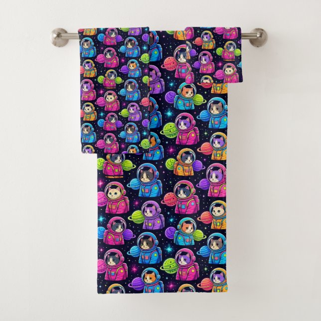 Neon Colours Astronaut Cats Outer Space Planets Bath Towel Set (Insitu)