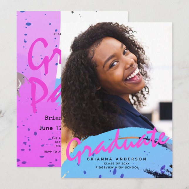 Neon Colours Brush Strokes Photo Graduation Party Invitation (Front/Back)