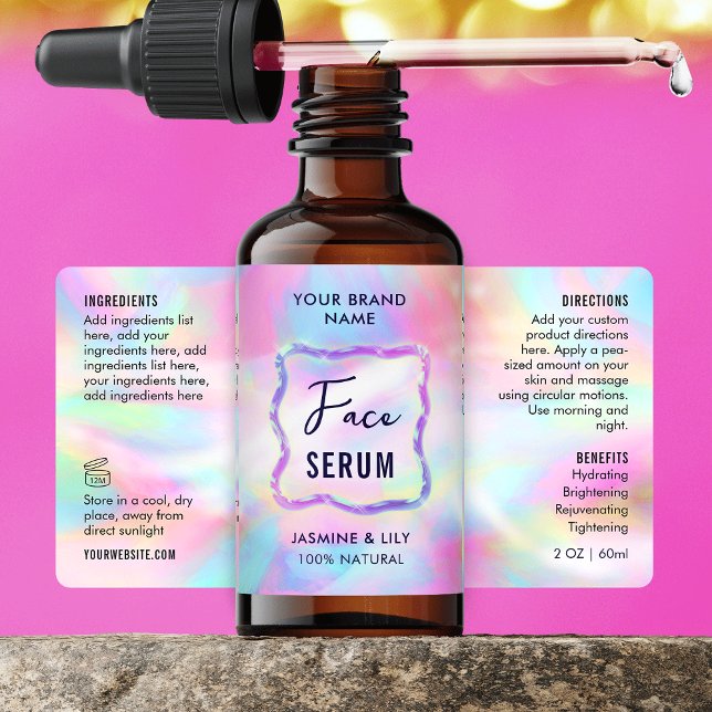 Neon Colours Holographic 2 OZ Dropper Bottle Label (Trendy holographic effect 2 oz dropper bottle wrapper labels with fully editable text)