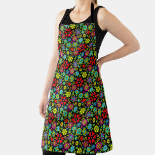 Neon Colours On Black Retro Floral Seamless Patter Apron