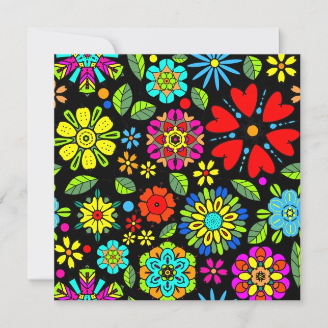 Neon Colours On Black Retro Floral Seamless Patter Card (Front)