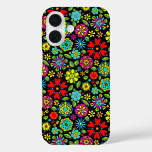 Neon Colours On Black Retro Floral Seamless Patter iPhone 16 Case