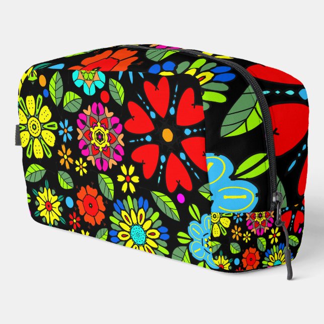 Neon Colours On Black Retro Floral Seamless Patter Dopp Kit (Right Corner)