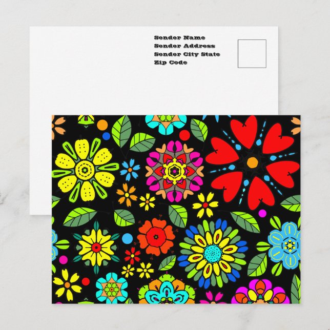 Neon Colours On Black Retro Floral Seamless Patter Postcard (Front/Back)