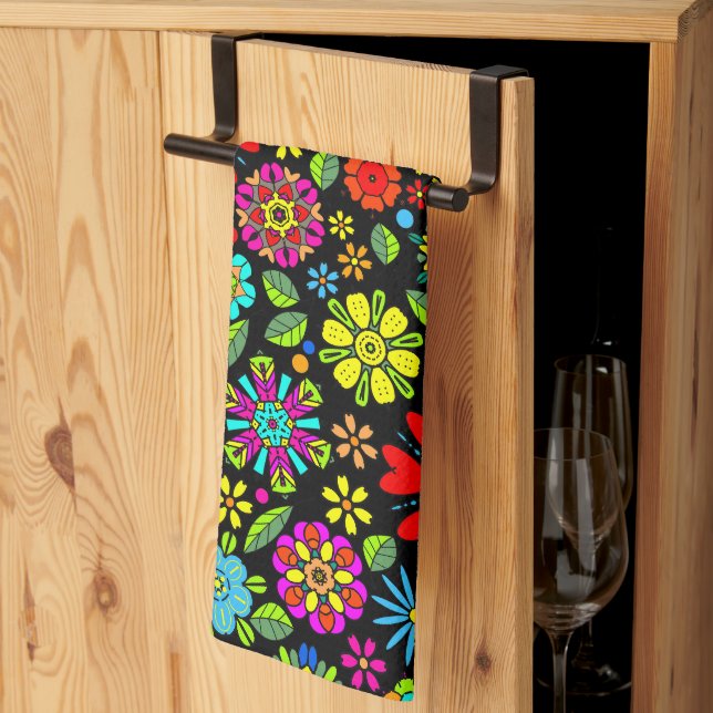 Neon Colours On Black Retro Floral Seamless Patter Tea Towel (Thirds Fold)
