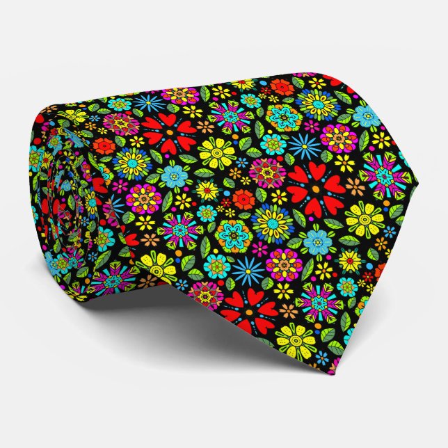 Neon Colours On Black Retro Floral Seamless Patter Tie (Rolled)