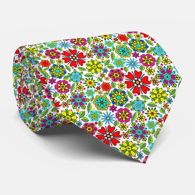 Neon Colours On Black Retro Floral Seamless Patter Tie (Rolled)