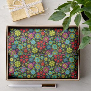 Neon Colours On Black Retro Floral Seamless Patter Tissue Paper