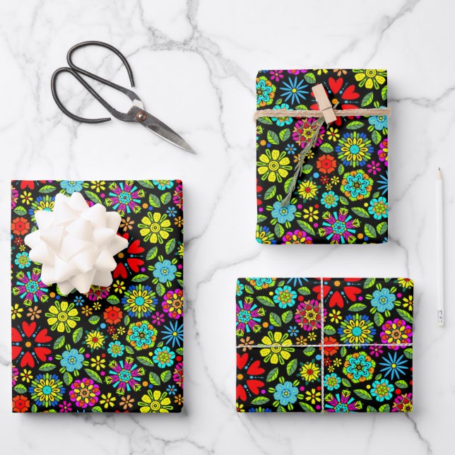 Neon Colours On Black Retro Floral Seamless Patter Wrapping Paper Sheet (Front)
