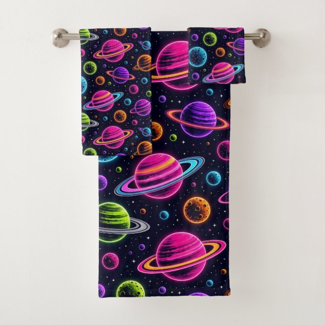 Neon Colours Outer Space Planets Boy's Towel Set (Insitu)