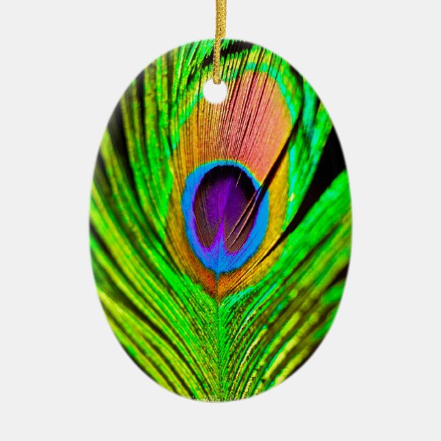 Neon Colours Peacock Feather Ceramic Tree Decoration (Front)