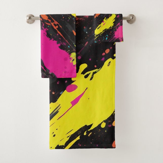 Neon Colours Retro Paint Splatter Bath Towel Set (Insitu)