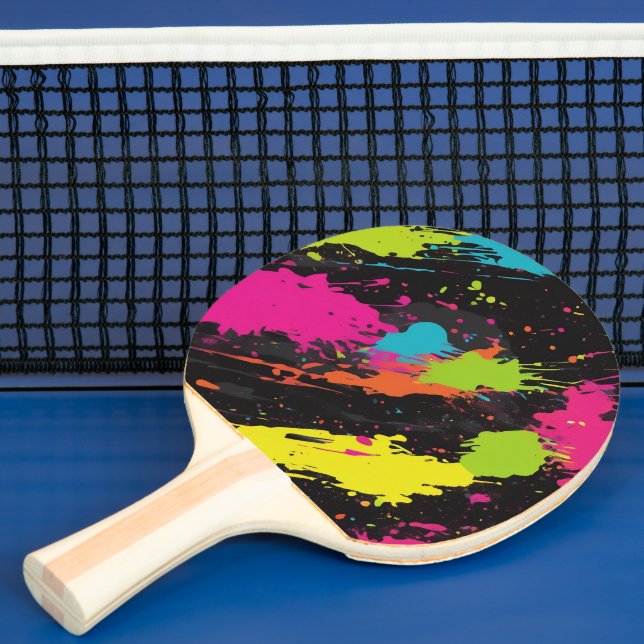 Neon Colours Retro Paint Splatter Ping Pong Paddle (Insitu)