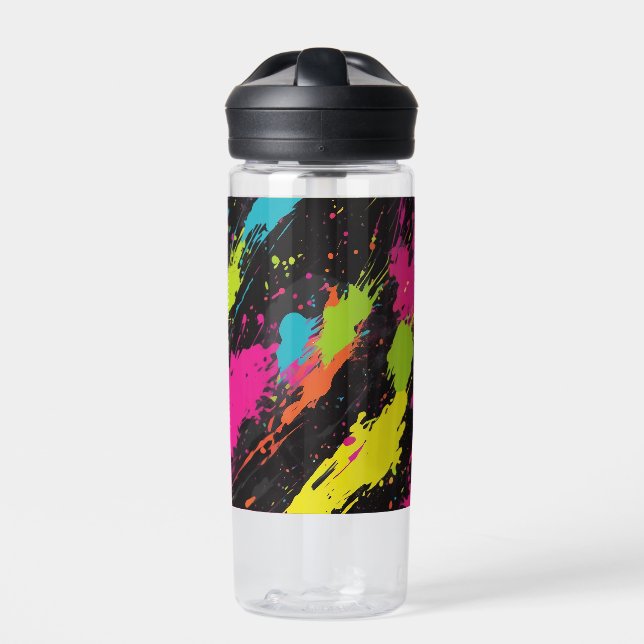 Neon Colours Retro Paint Splatter Water Bottle (Front)