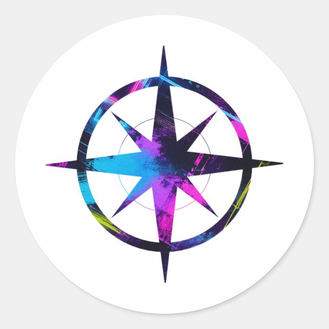 Neon Compass Art Classic Round Sticker (Front)