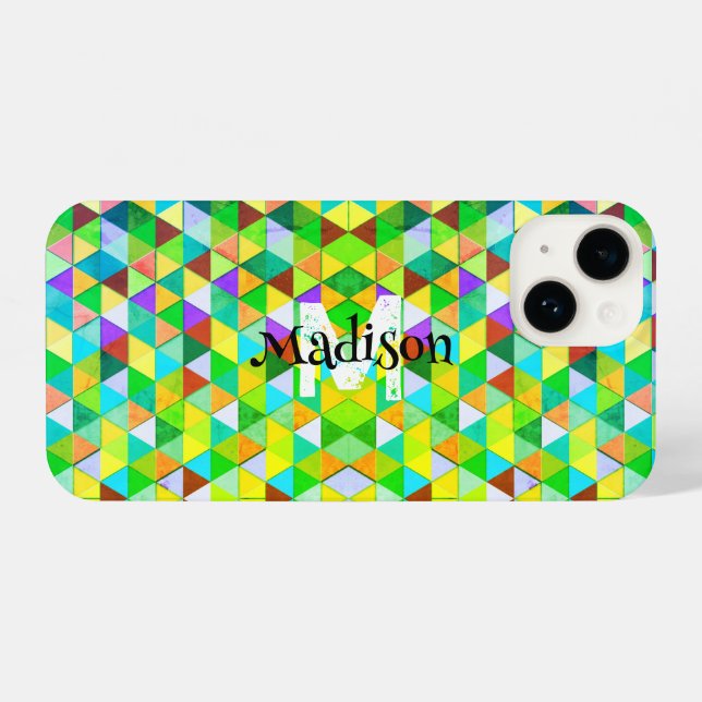 Neon cool triangle retro geometry pattern Monogram iPhone Case (Back Horizontal)