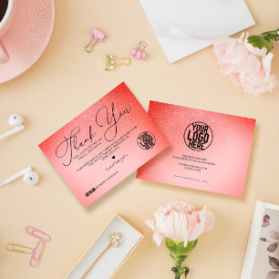 Neon Coral Pink Glitter Script Customer Thank You Business Card