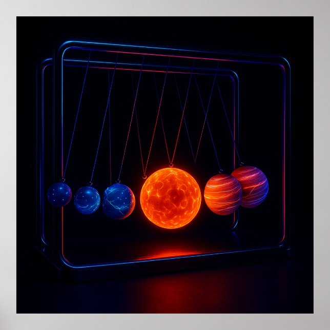 Neon Cosmic Cradle – Futuristic Planet Balance Art Poster (Front)