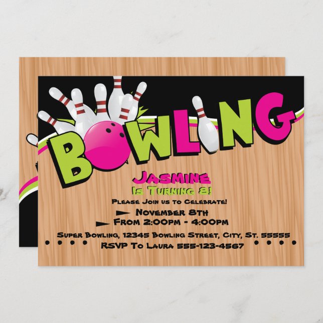 Neon, Cosmo Bowling Birthday Invitations (Front/Back)