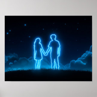 Neon Couple Holding Hands Under Starry Sky Poster