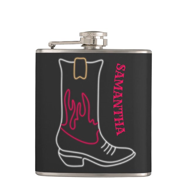 Neon Cowboy Boot Customisable Name Hip Flask (Front)