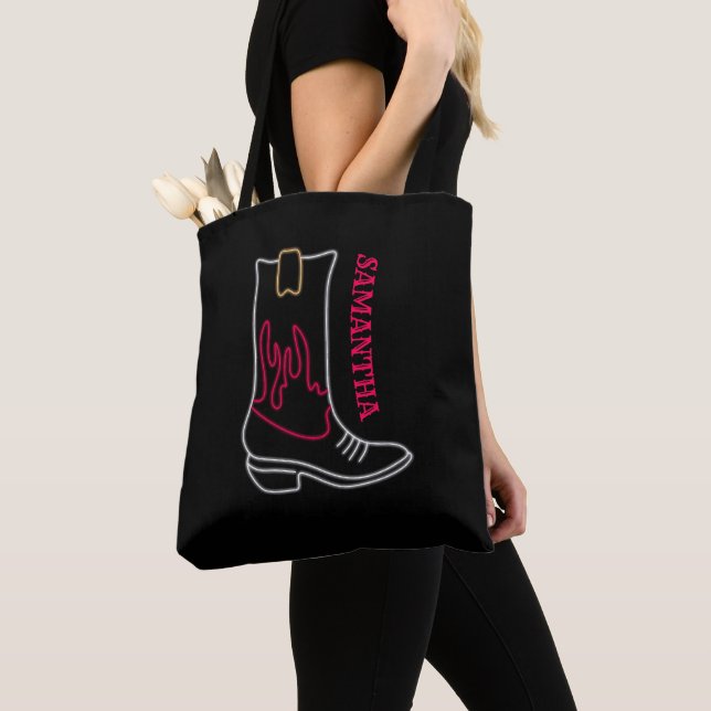Neon Cowboy Boot Customisable Name Tote Bag (Close Up)