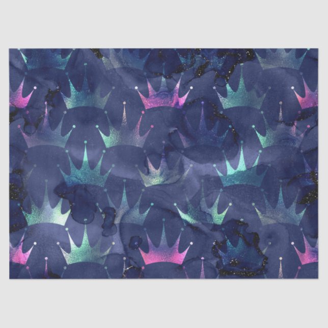 Neon Crowns on Abstract Blue Decoupage Tissue Paper (Front)