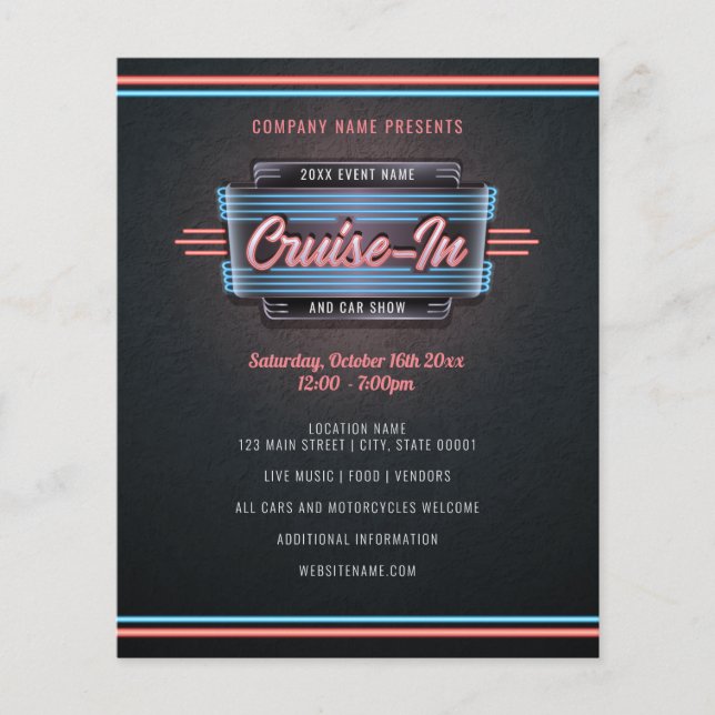 Neon Cruise-In Invitation Flyer Paper Sheet (Front)