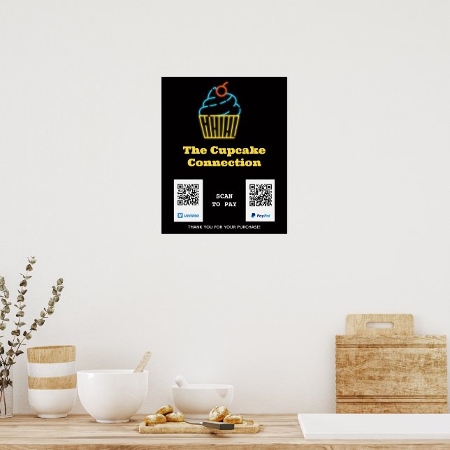 Neon Cupcake Scan to Pay QR Code Sign (Kitchen)
