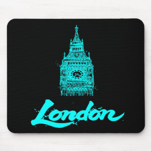 Neon Cyan London Big Ben Sketch Modern Black Mouse Mat