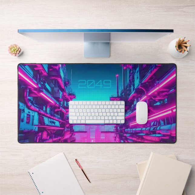 Neon Cyan Magenta Cyberpunk Cityscape Gamer Desk Mat (Office 1)