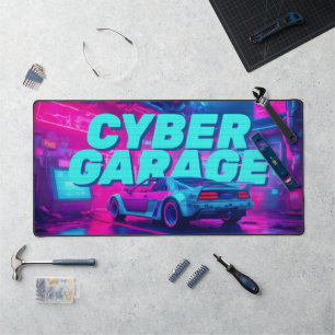 Neon Cyan Magenta Cyberpunk Garage Retro Car Desk Mat