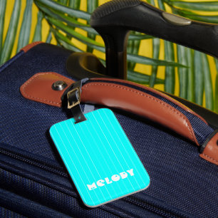 Neon Cyan White Thin Vertical Striped Name Luggage Tag