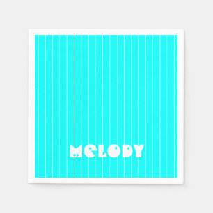 Neon Cyan White Thin Vertical Striped Name Napkin