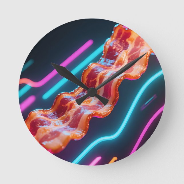 Neon Cyber Bacon Strip Round Clock (Front)