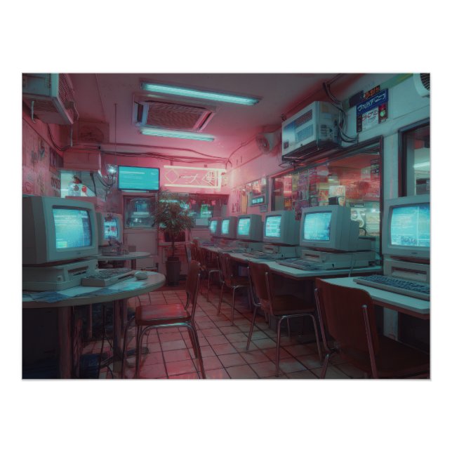 Neon Cyber Café with Retro Monitors Poster (Front)