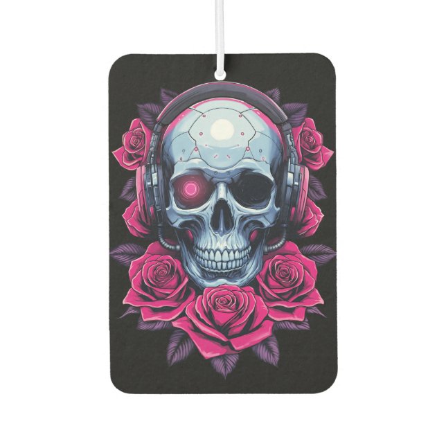 Neon Cyber Death Skull and Roses Black Car Air Freshener (Front)