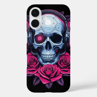 Neon Cyber Death Skull and Roses Black