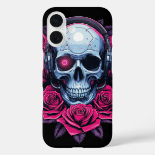 Neon Cyber Death Skull and Roses Black iPhone 16 Case