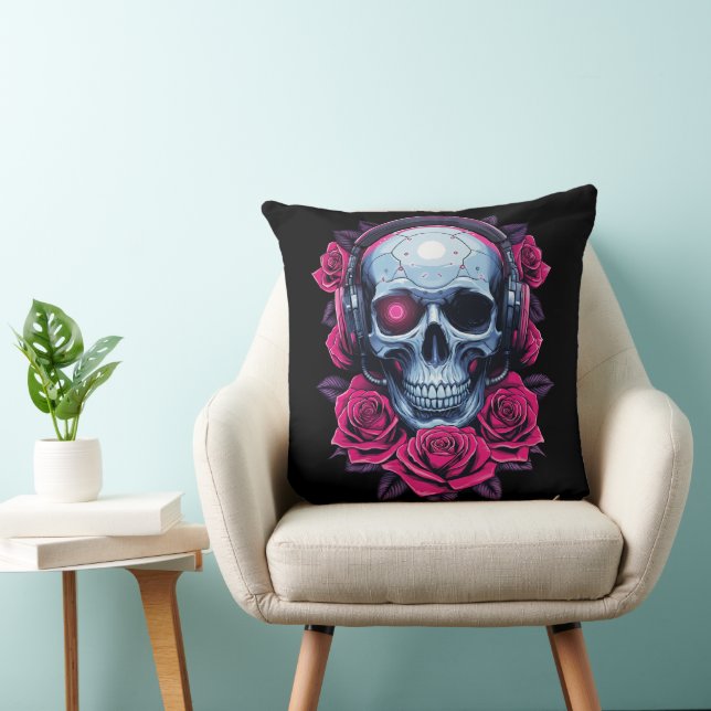 Neon Cyber Death Skull and Roses Black Cushion (Chair)