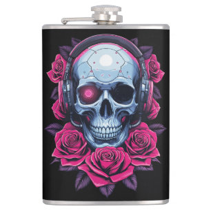 Neon Cyber Death Skull and Roses Black Hip Flask