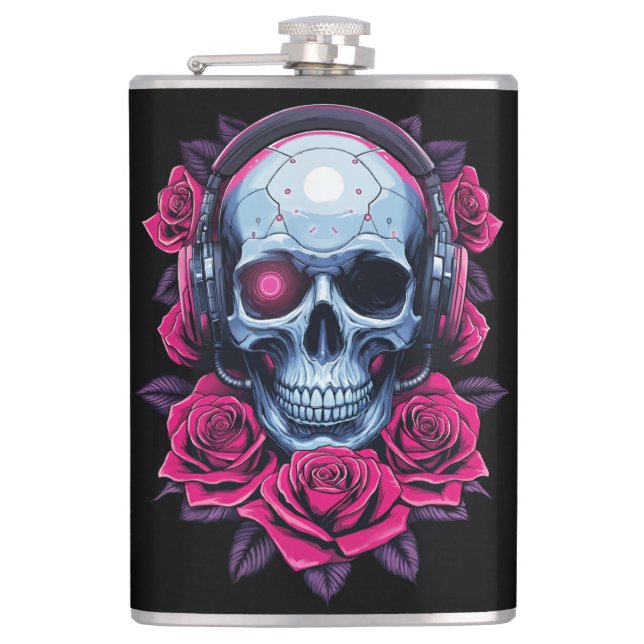 Neon Cyber Death Skull and Roses Black Hip Flask (Front)