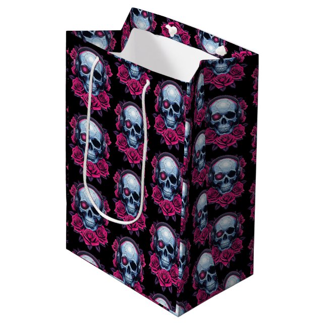 Neon Cyber Death Skull and Roses Black Medium Gift Bag (Front Angled)