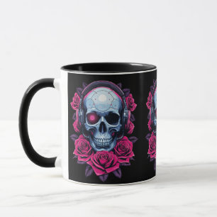 Neon Cyber Death Skull and Roses Black Mug